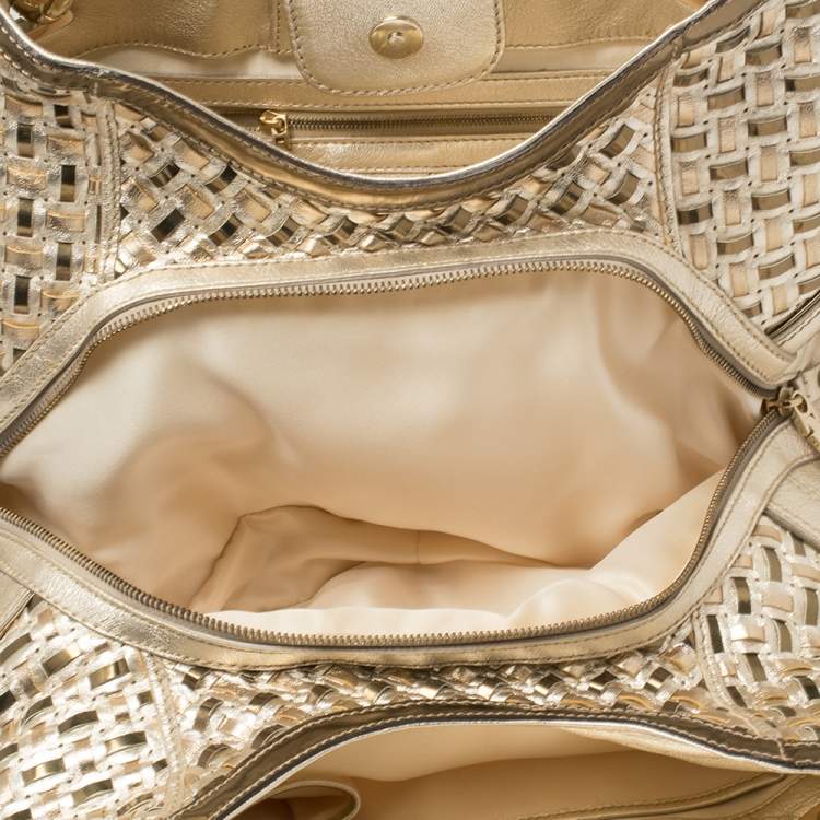 Pre Owned Versace Metallic Gold Woven Leather Crystal Embellished V Satchel