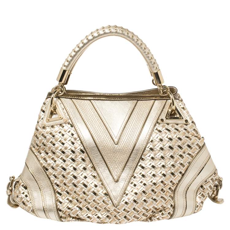 Pre Owned Versace Metallic Gold Woven Leather Crystal Embellished V Satchel