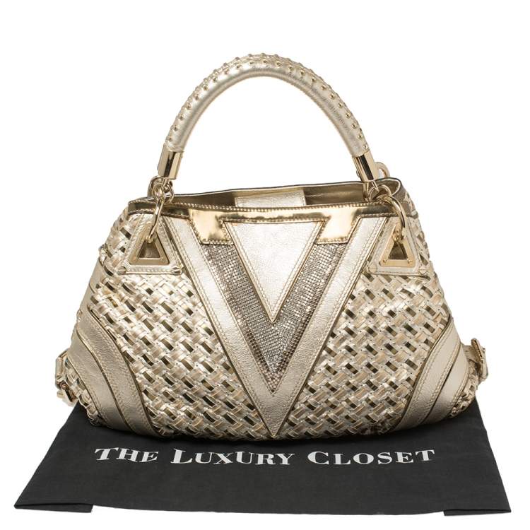 Pre Owned Versace Metallic Gold Woven Leather Crystal Embellished V Satchel
