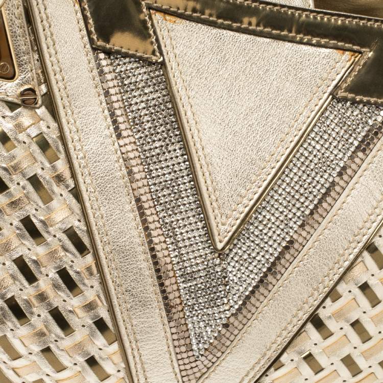 Pre Owned Versace Metallic Gold Woven Leather Crystal Embellished V Satchel