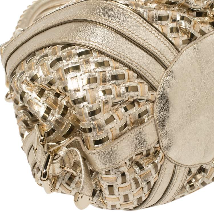 Pre Owned Versace Metallic Gold Woven Leather Crystal Embellished V Satchel
