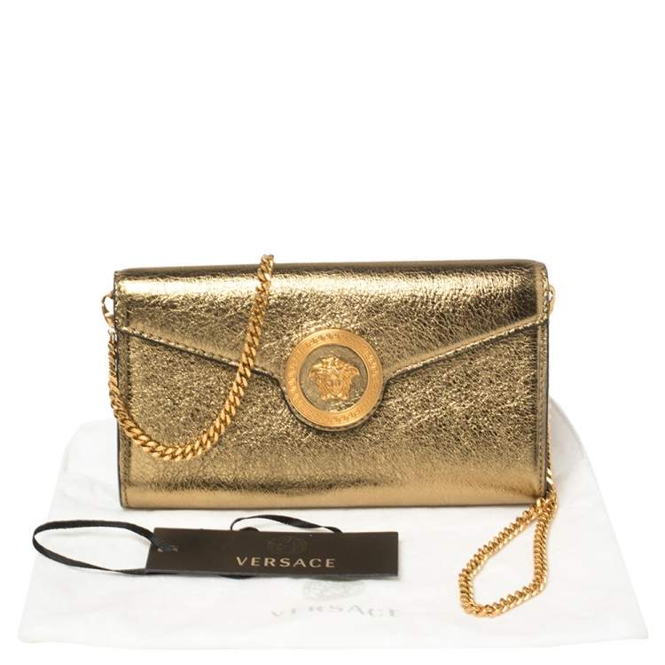 Pre Owned Versace Metallic Gold Leather Medusa Wallet on Chain
