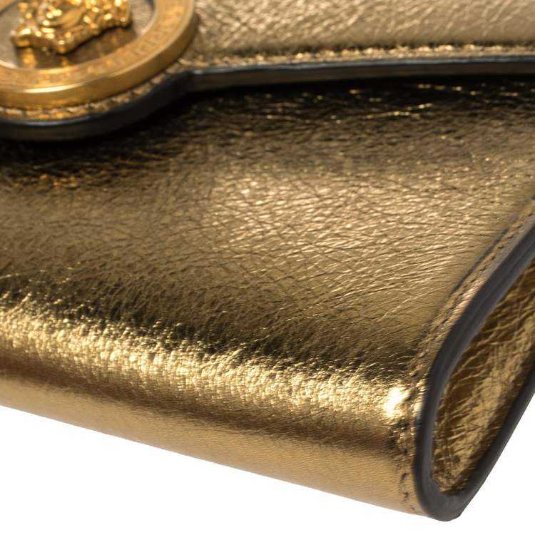 Pre Owned Versace Metallic Gold Leather Medusa Wallet on Chain