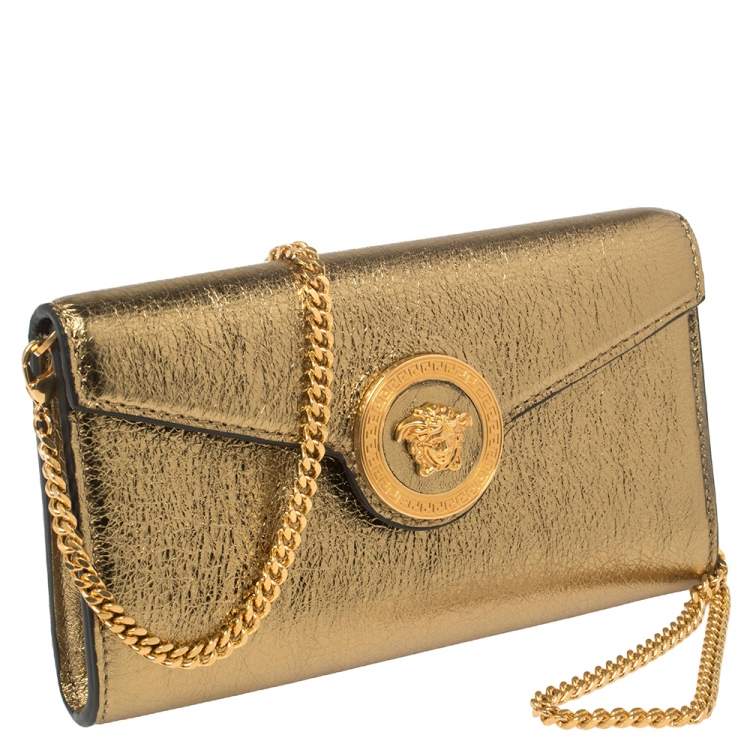 Pre Owned Versace Metallic Gold Leather Medusa Wallet on Chain