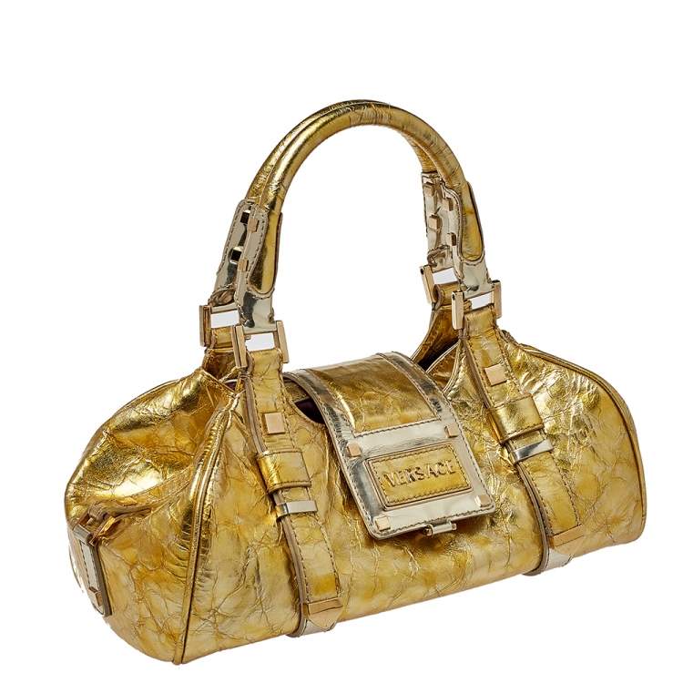 Pre Owned Versace Metallic Gold Crinkled Leather Satchel