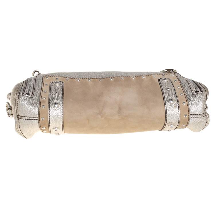 Pre Owned Versace Gold/Beige Leather and Suede Studded Hobo