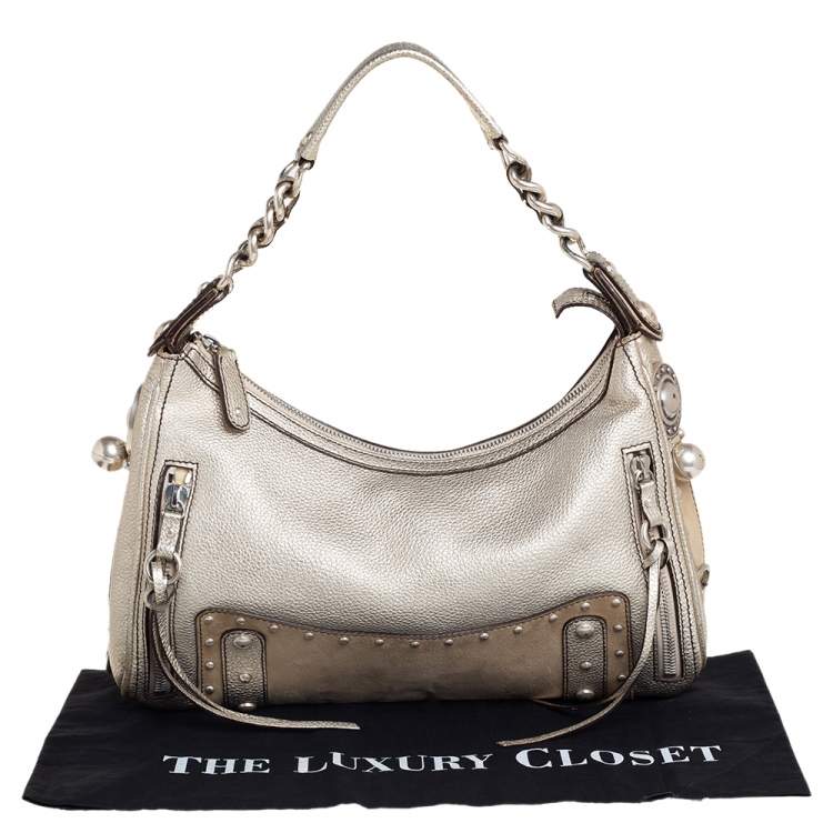 Pre Owned Versace Gold/Beige Leather and Suede Studded Hobo