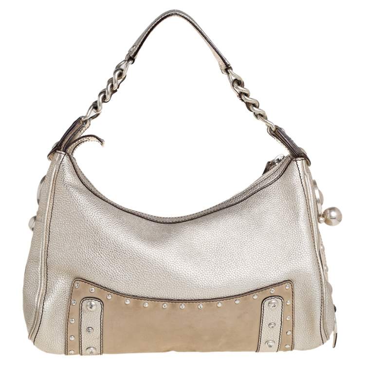 Pre Owned Versace Gold/Beige Leather and Suede Studded Hobo