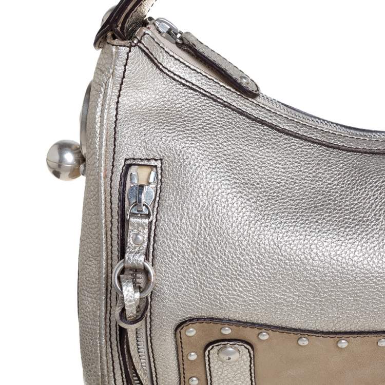 Pre Owned Versace Gold/Beige Leather and Suede Studded Hobo