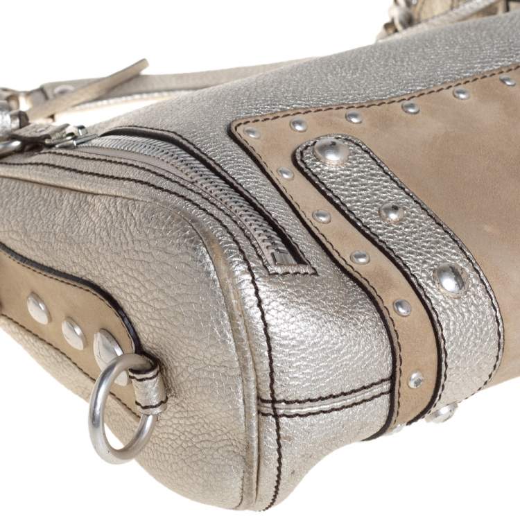 Pre Owned Versace Gold/Beige Leather and Suede Studded Hobo