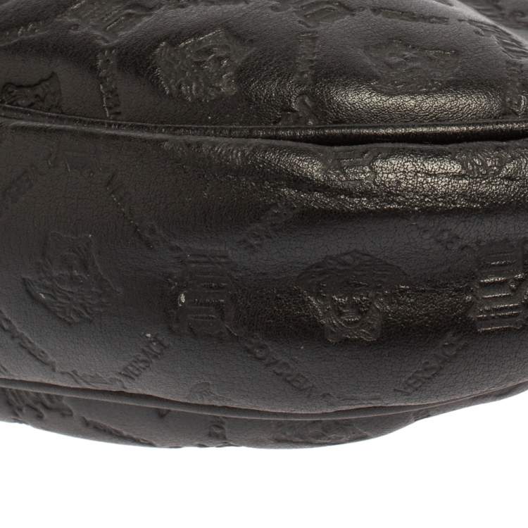 مملوكة مسبقًا Versace Black Logo Embossed Leather Small Studded Baguette Bag