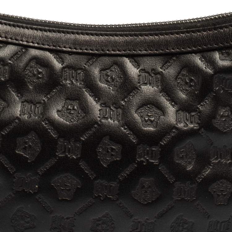 مملوكة مسبقًا Versace Black Logo Embossed Leather Small Studded Baguette Bag