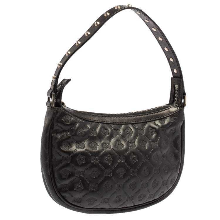 مملوكة مسبقًا Versace Black Logo Embossed Leather Small Studded Baguette Bag