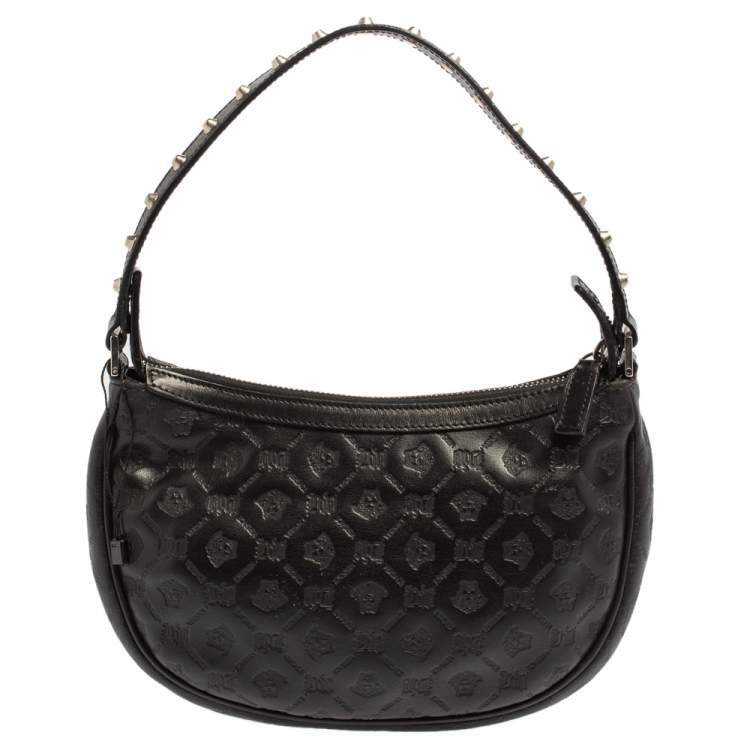 مملوكة مسبقًا Versace Black Logo Embossed Leather Small Studded Baguette Bag