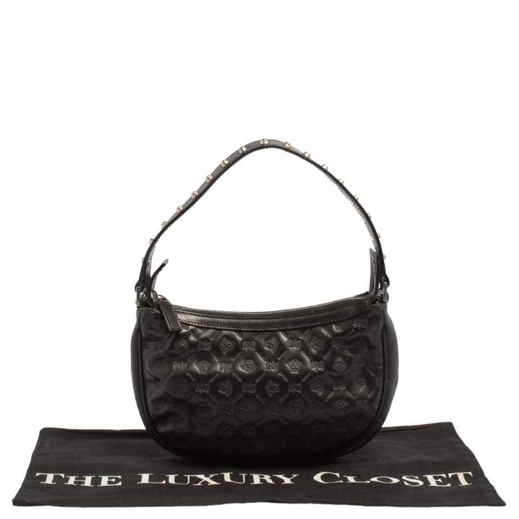 مملوكة مسبقًا Versace Black Logo Embossed Leather Small Studded Baguette Bag