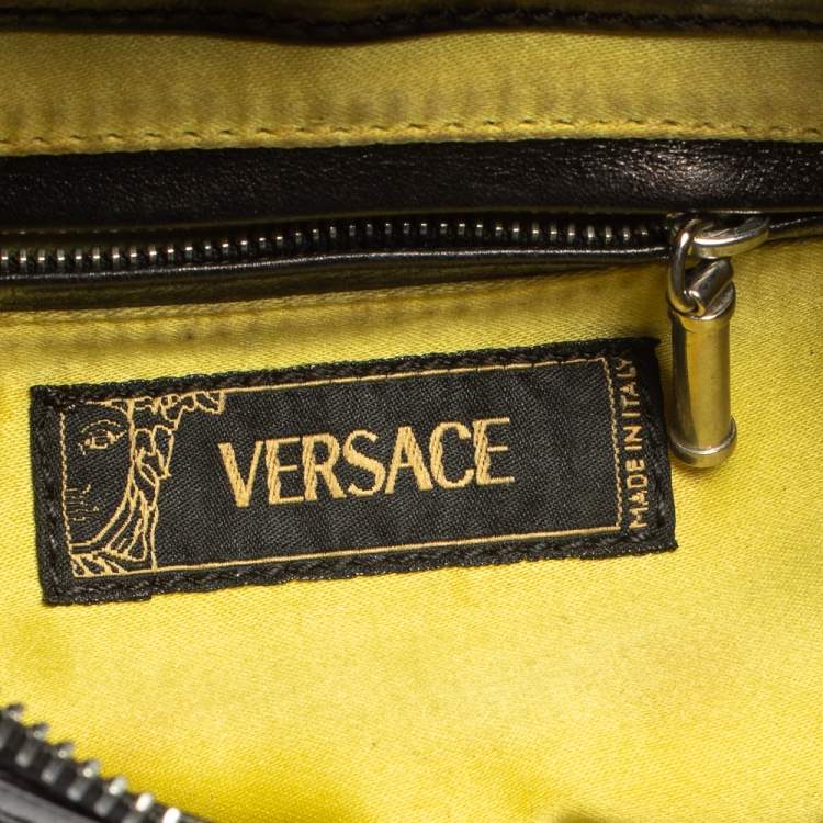 مملوكة مسبقًا Versace Black Logo Embossed Leather Small Studded Baguette Bag