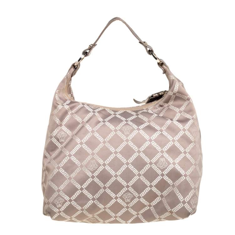 Pre Owned Versace Grey/Metallic Monogram Canvas and Leather Palazzo Charm Hobo