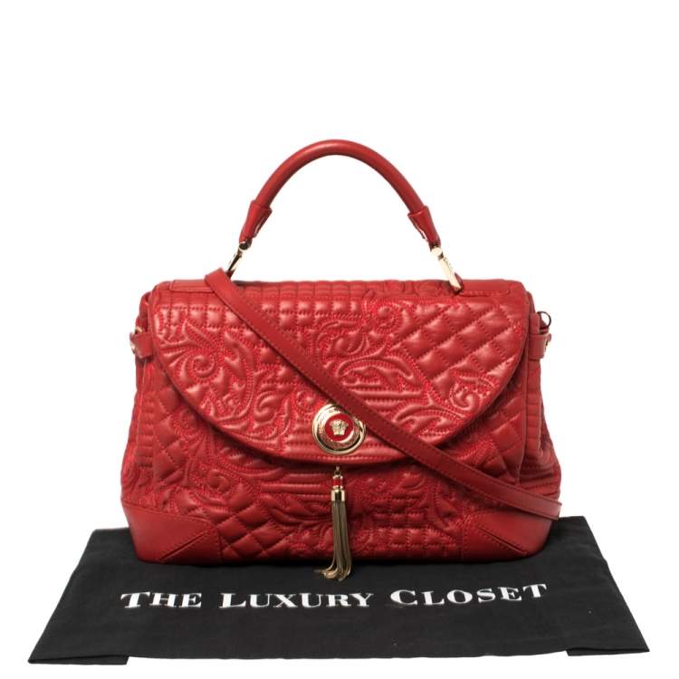 Pre Owned Versace Red Quilted Leather Altea Barocco Vanitas Top Handle Bag 