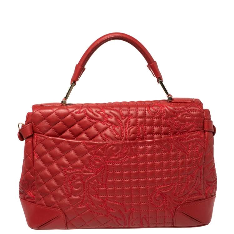 Pre Owned Versace Red Quilted Leather Altea Barocco Vanitas Top Handle Bag 