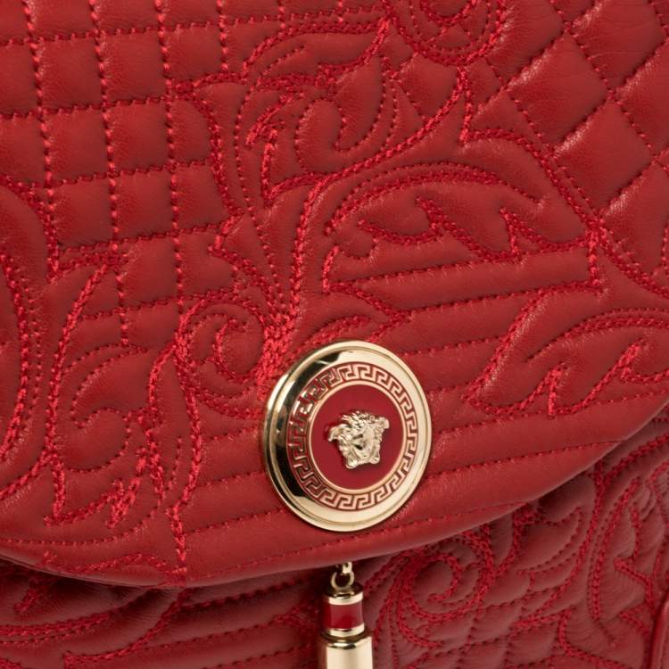 Pre Owned Versace Red Quilted Leather Altea Barocco Vanitas Top Handle Bag 