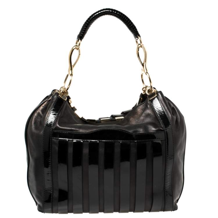 Pre Owned Versace Black Patent and Leather Stripe Logo Hobo