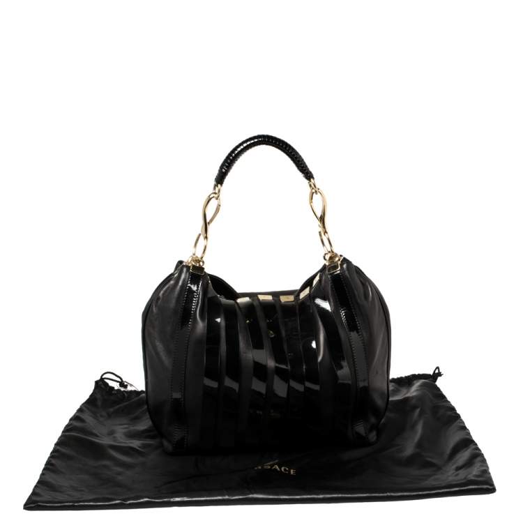 Pre Owned Versace Black Patent and Leather Stripe Logo Hobo