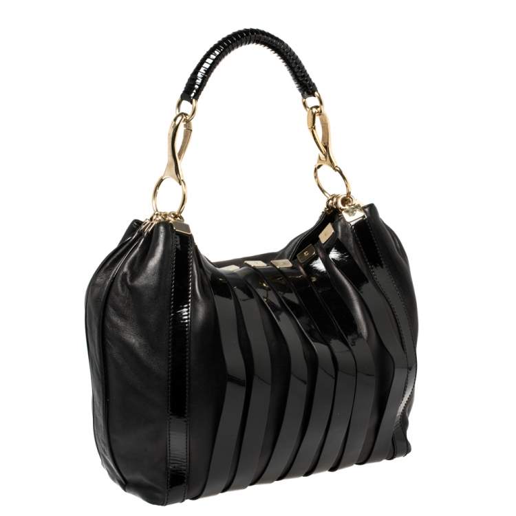 Pre Owned Versace Black Patent and Leather Stripe Logo Hobo