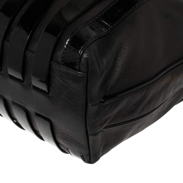 Pre Owned Versace Black Patent and Leather Stripe Logo Hobo