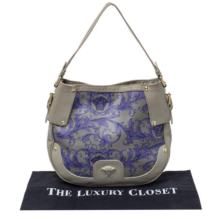 Pre Owned Versace Grey/Blue Majolica Print Leather Hobo 