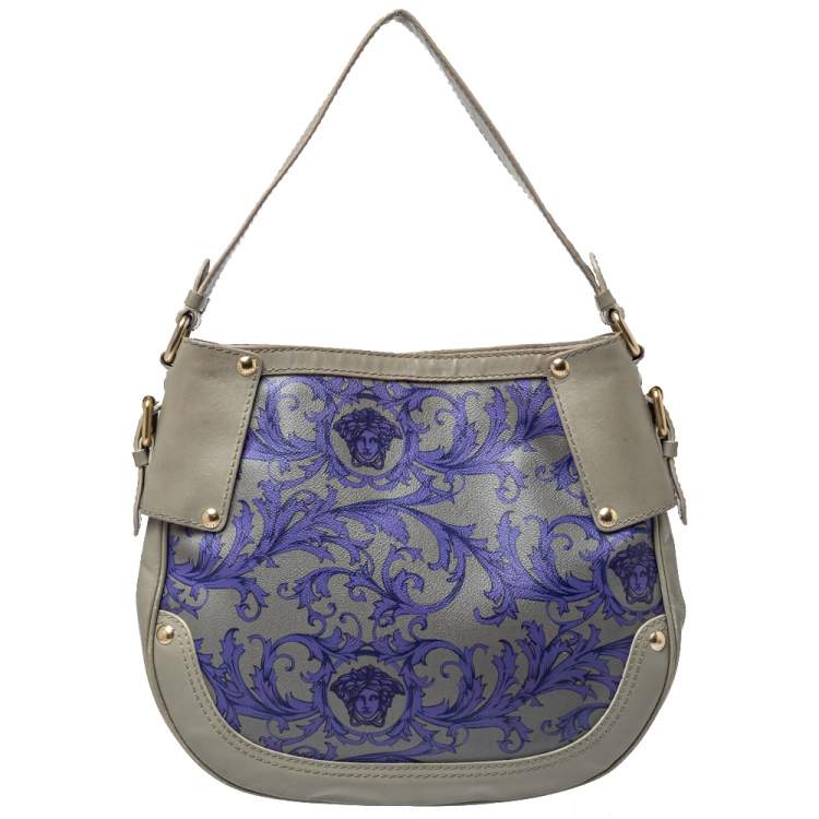 Pre Owned Versace Grey/Blue Majolica Print Leather Hobo 