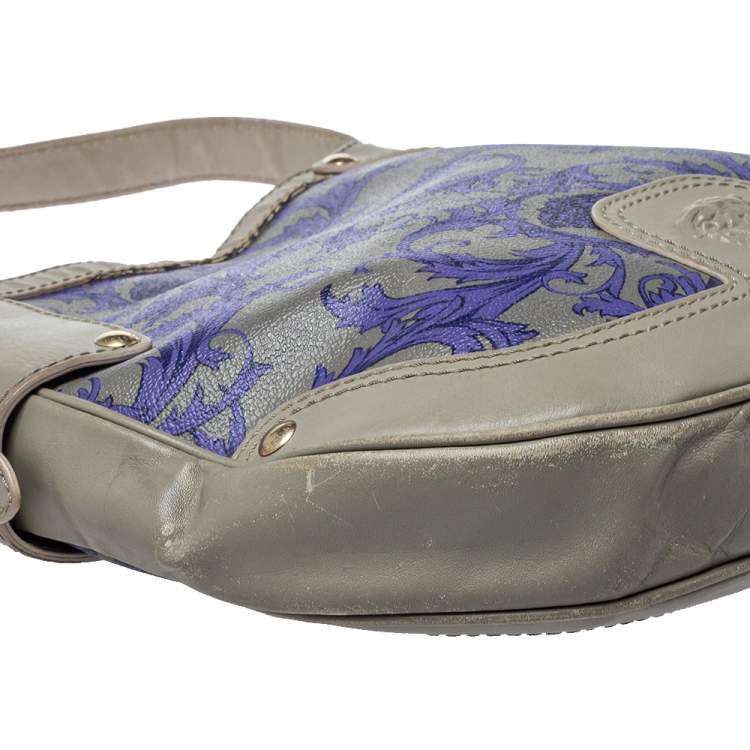Pre Owned Versace Grey/Blue Majolica Print Leather Hobo 