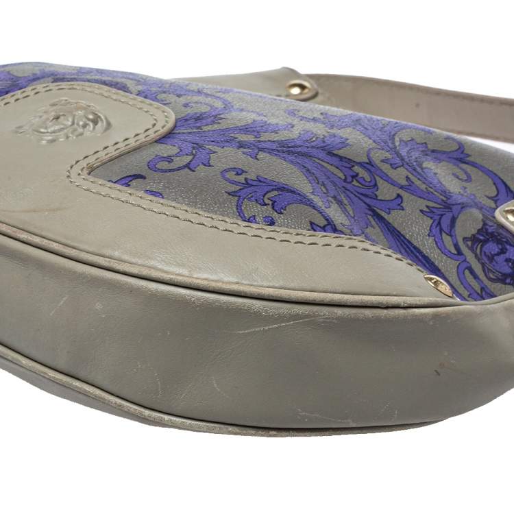 Pre Owned Versace Grey/Blue Majolica Print Leather Hobo 