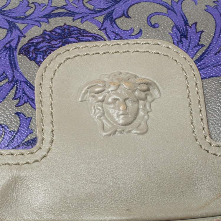 Pre Owned Versace Grey/Blue Majolica Print Leather Hobo 