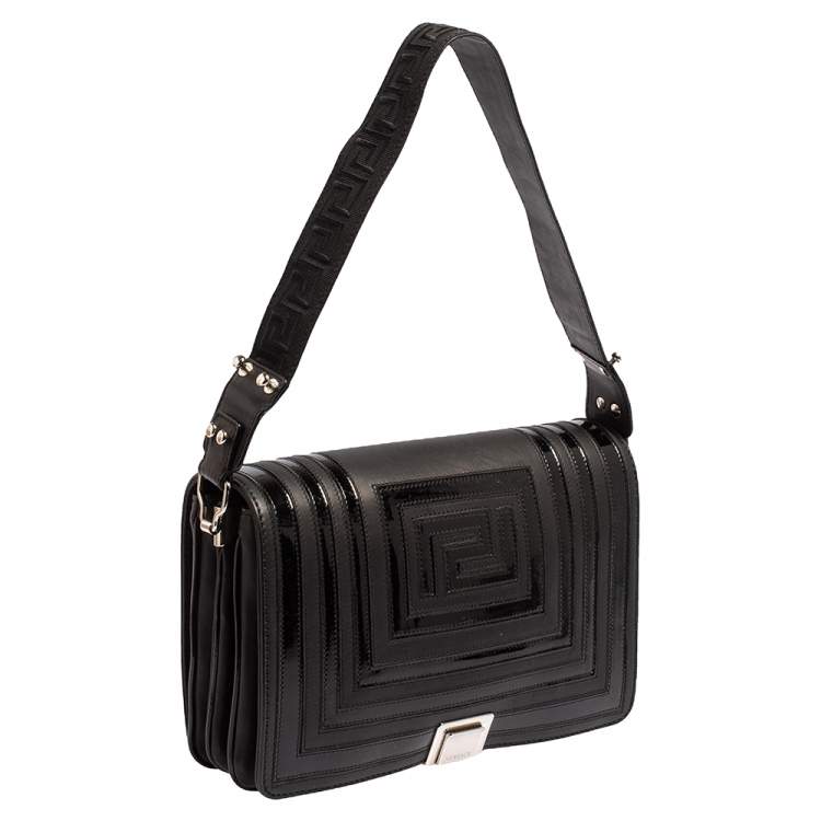 Pre Owned Versace Black Quilted Patent and Leather Flap Shoulder Bag