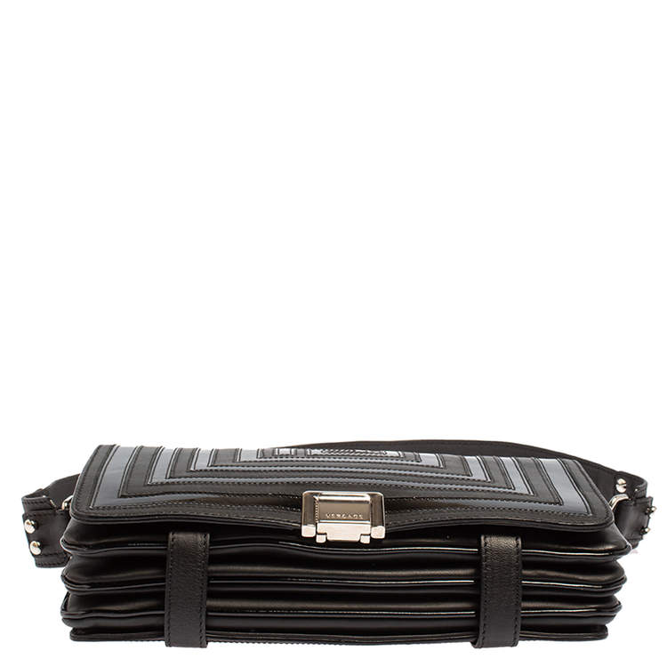 Pre Owned Versace Black Quilted Patent and Leather Flap Shoulder Bag