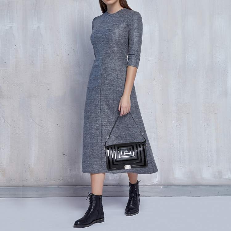 Pre Owned Versace Black Quilted Patent and Leather Flap Shoulder Bag