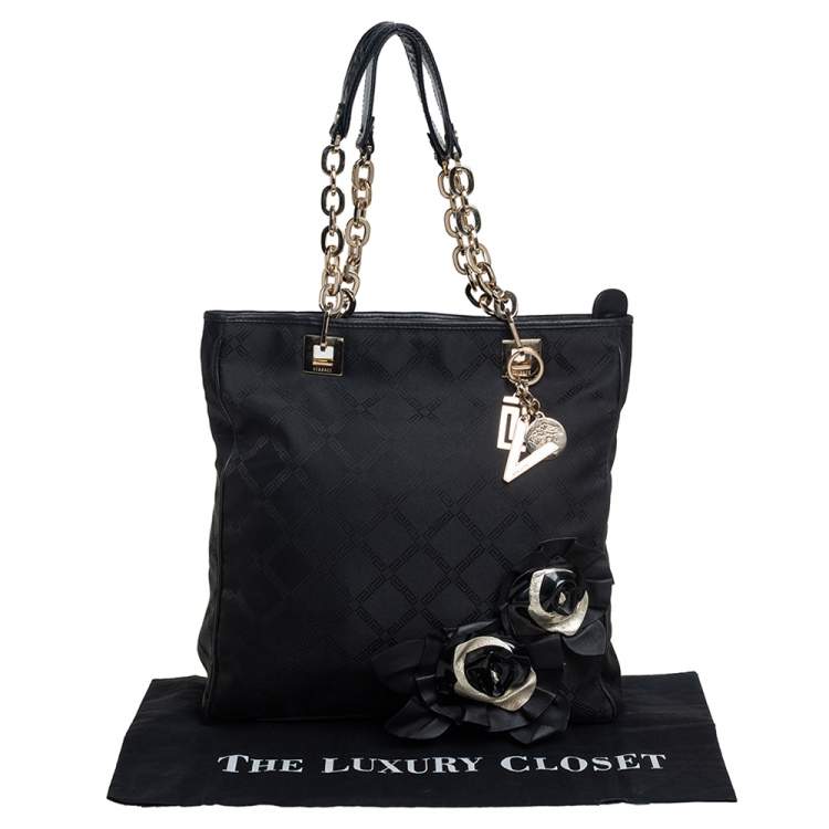 Pre Owned Versace Black Monogram Canvas and Fabric Floral Applique Tote