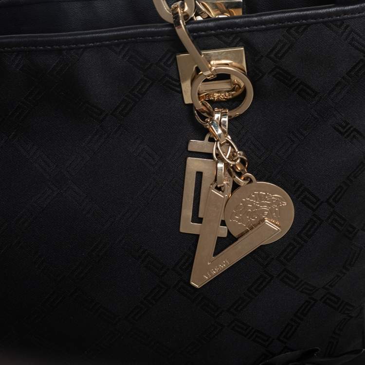 Pre Owned Versace Black Monogram Canvas and Fabric Floral Applique Tote