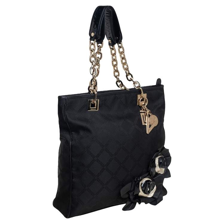 Pre Owned Versace Black Monogram Canvas and Fabric Floral Applique Tote