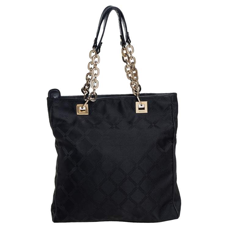 Pre Owned Versace Black Monogram Canvas and Fabric Floral Applique Tote