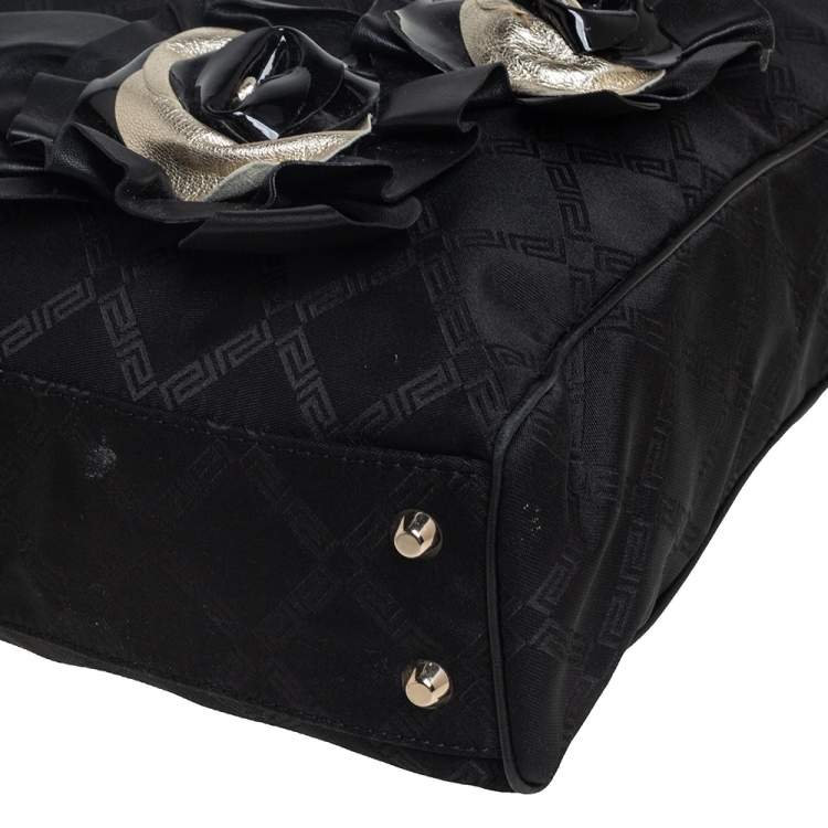 Pre Owned Versace Black Monogram Canvas and Fabric Floral Applique Tote