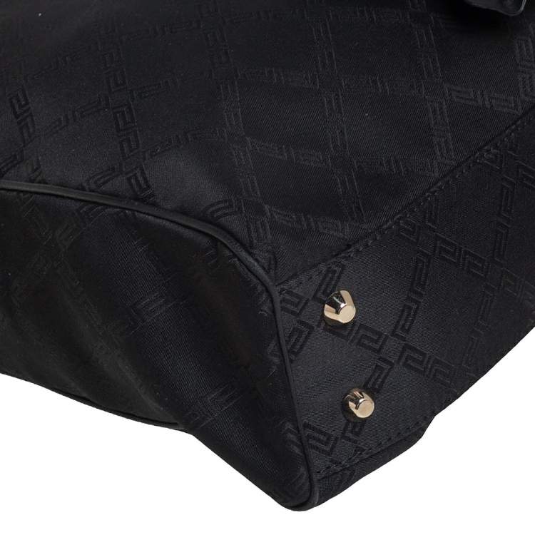 Pre Owned Versace Black Monogram Canvas and Fabric Floral Applique Tote