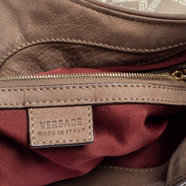 Pre Owned Versace Metallic Grey Signature Canvas and Leather Trim Hobo