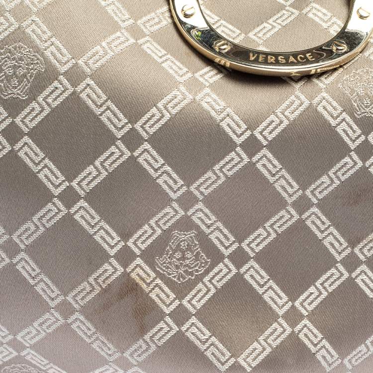 Pre Owned Versace Metallic Grey Signature Canvas and Leather Trim Hobo