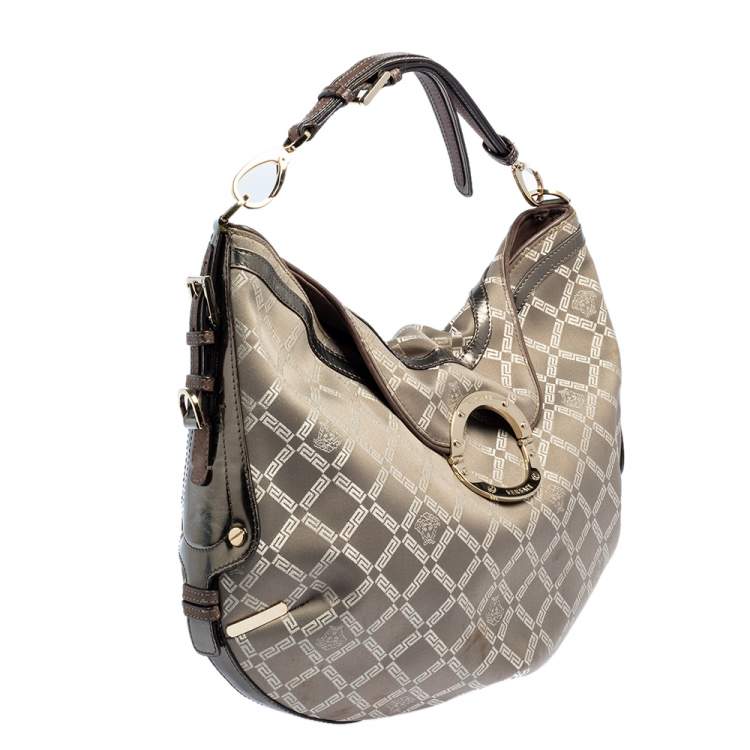 Pre Owned Versace Metallic Grey Signature Canvas and Leather Trim Hobo
