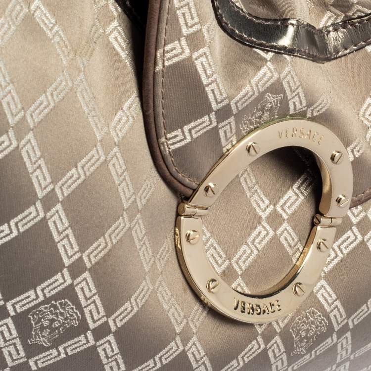 Pre Owned Versace Metallic Grey Signature Canvas and Leather Trim Hobo