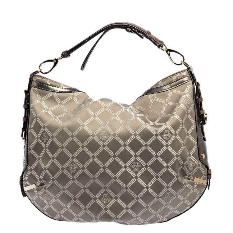 Pre Owned Versace Metallic Grey Signature Canvas and Leather Trim Hobo