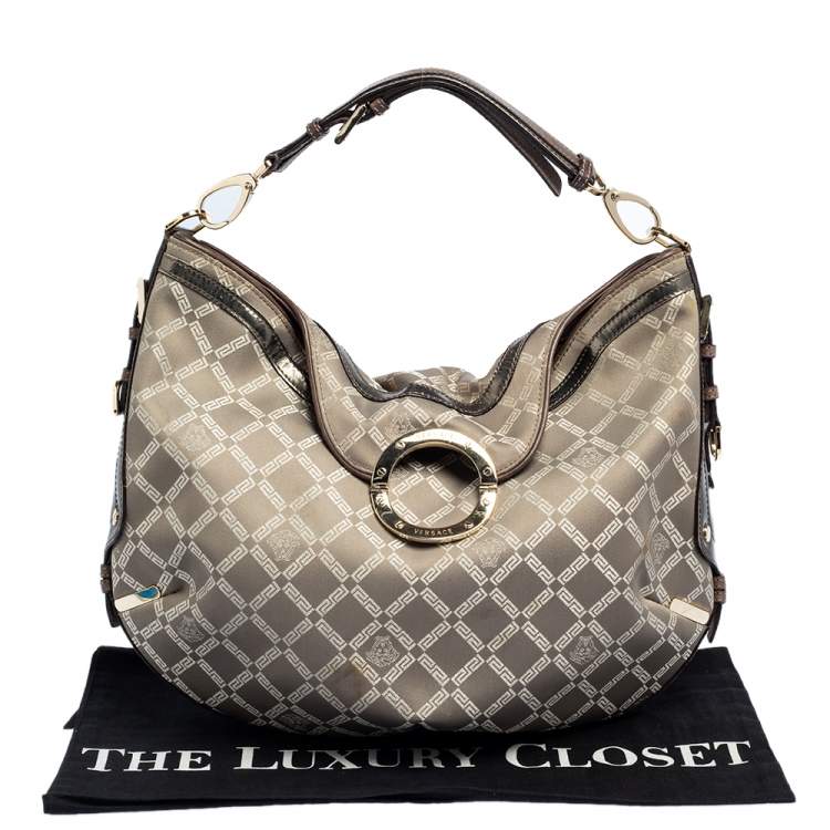 Pre Owned Versace Metallic Grey Signature Canvas and Leather Trim Hobo
