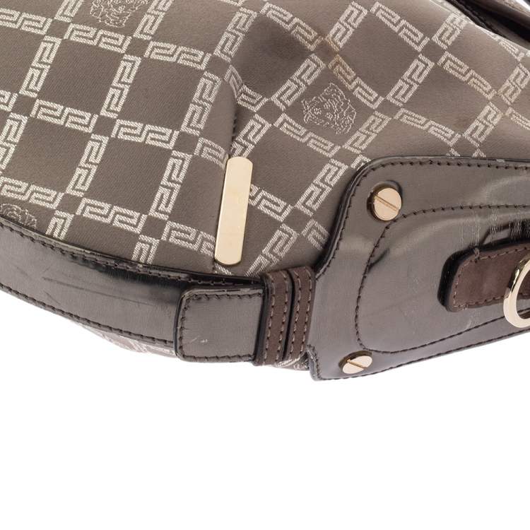 Pre Owned Versace Metallic Grey Signature Canvas and Leather Trim Hobo