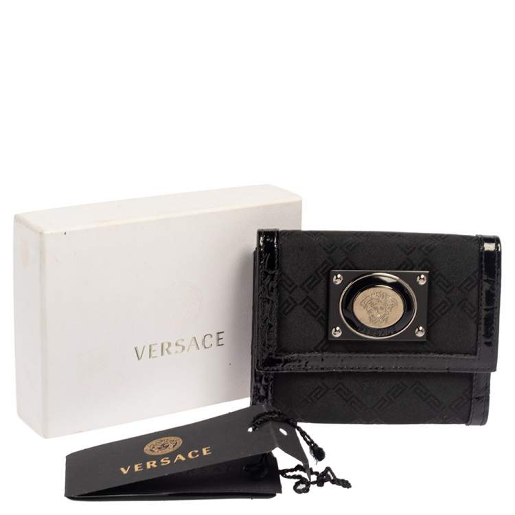 Pre Owned Versace Black Signature Nylon and Croc Embossed Patent Leather Flap Compact Wallet